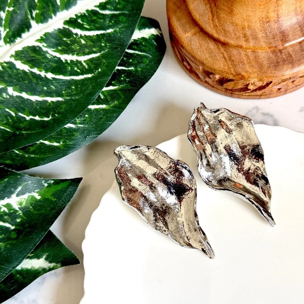 2/$30🌵 Large Silver Leaf Metal Earrings Statement Tree Nature Boho Jewelry NEW